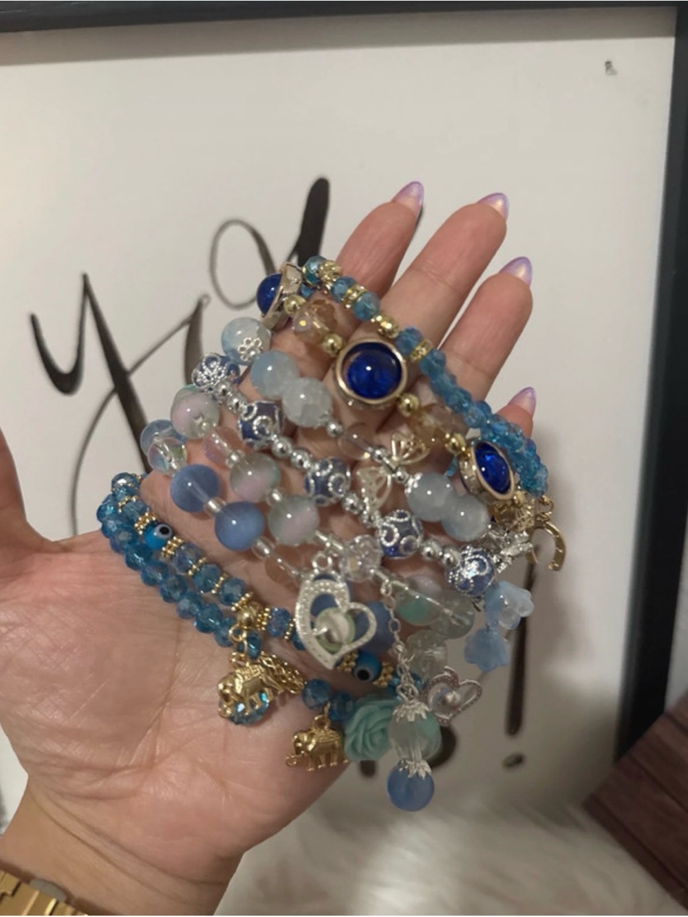 Blue Beaded Multi-Charm Women's Bracelet Set